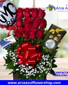 AAA-03 Arreglo Rosas Rojas, Chocolate Ferrero y Globo Pequeño