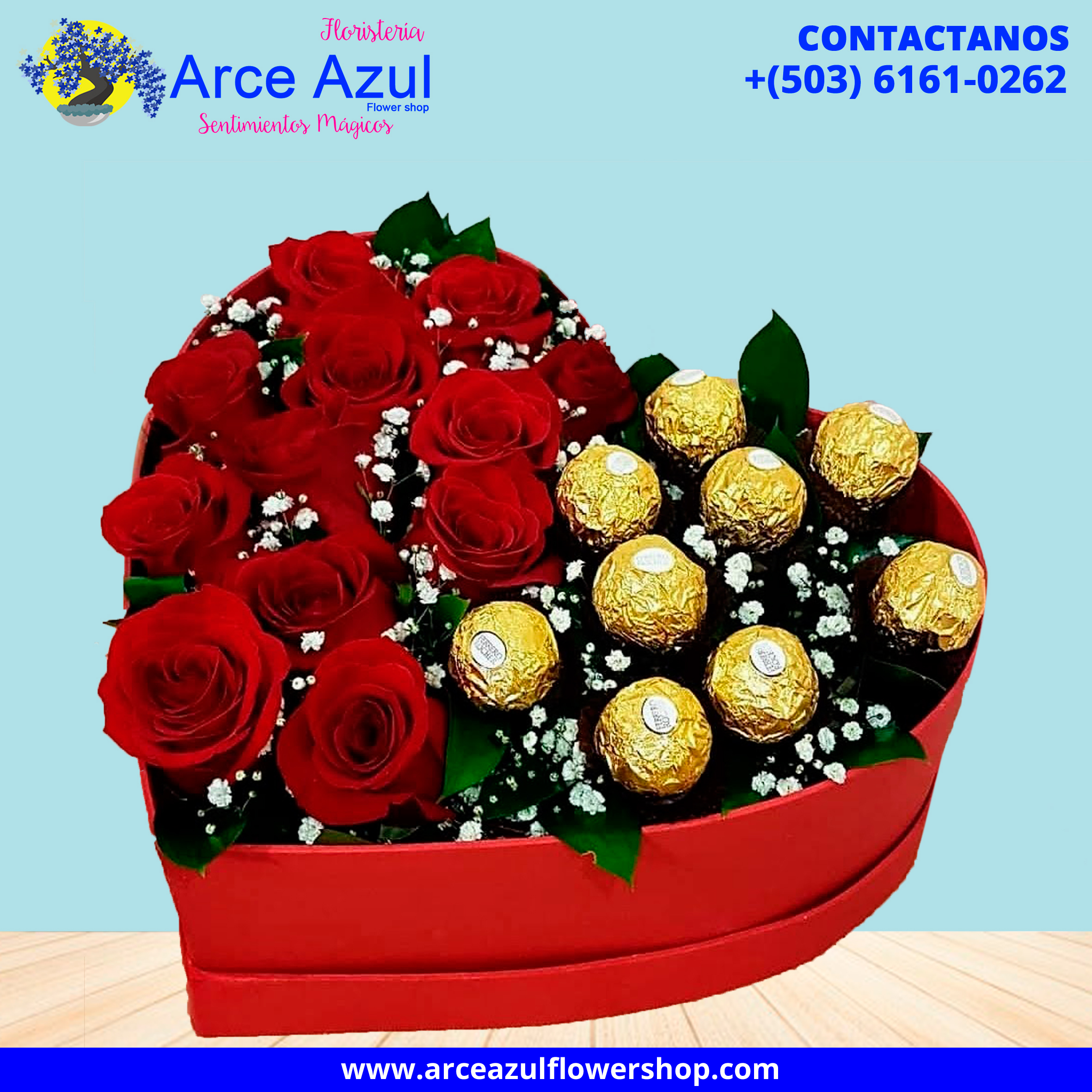 AAA-11 Corazón de rosas y Chocolates – Arce Azul Flower Shop