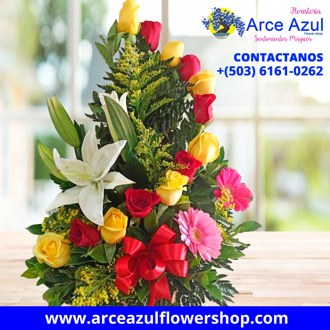AAA-15 Arreglo de rosas, gerberas y lirio blanco – Arce Azul Flower Shop