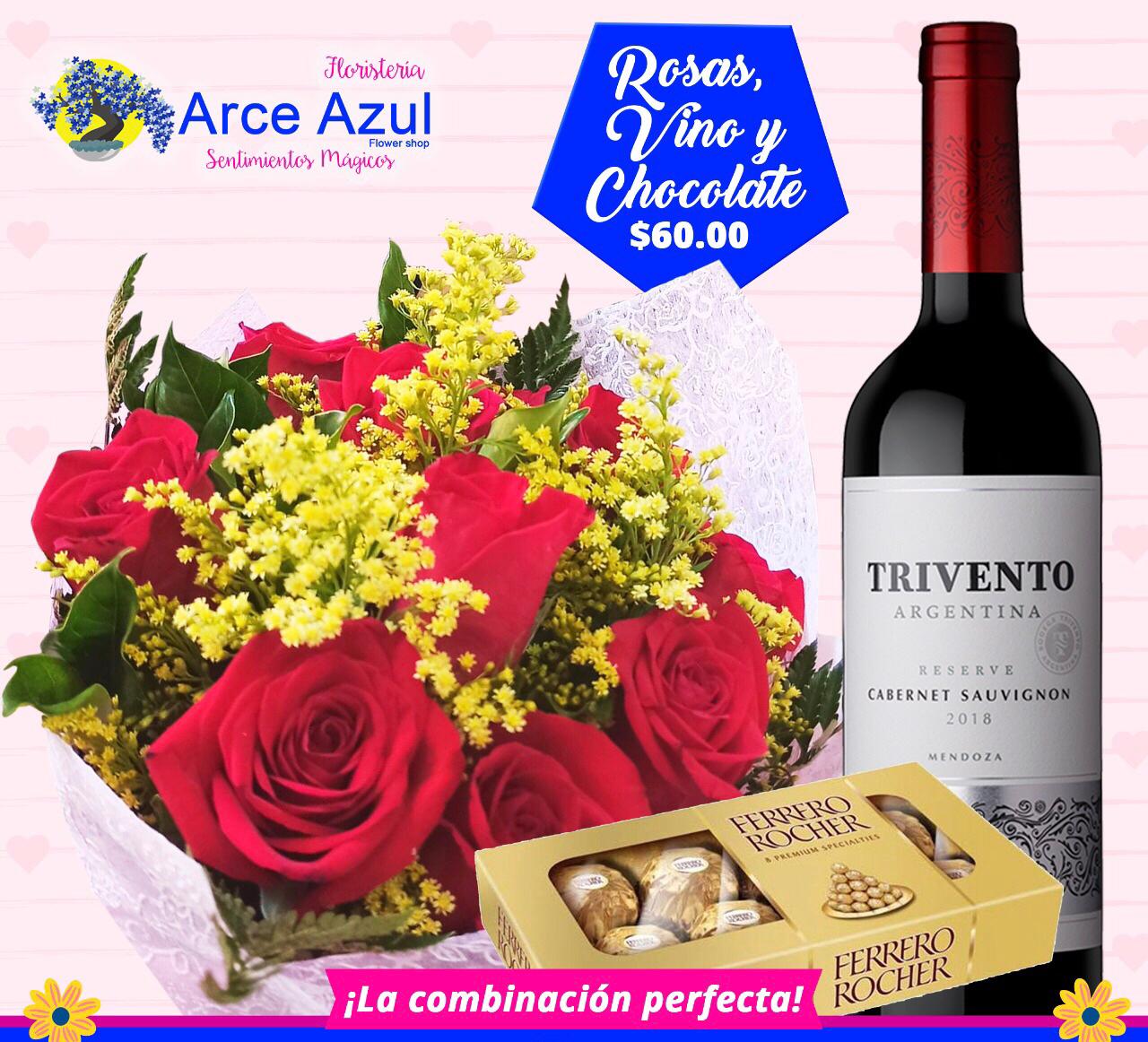 RA-010 Ramo de rosas rojas, chocolate y vino Trivento-Cabernet Sauvignon –  Arce Azul Flower Shop