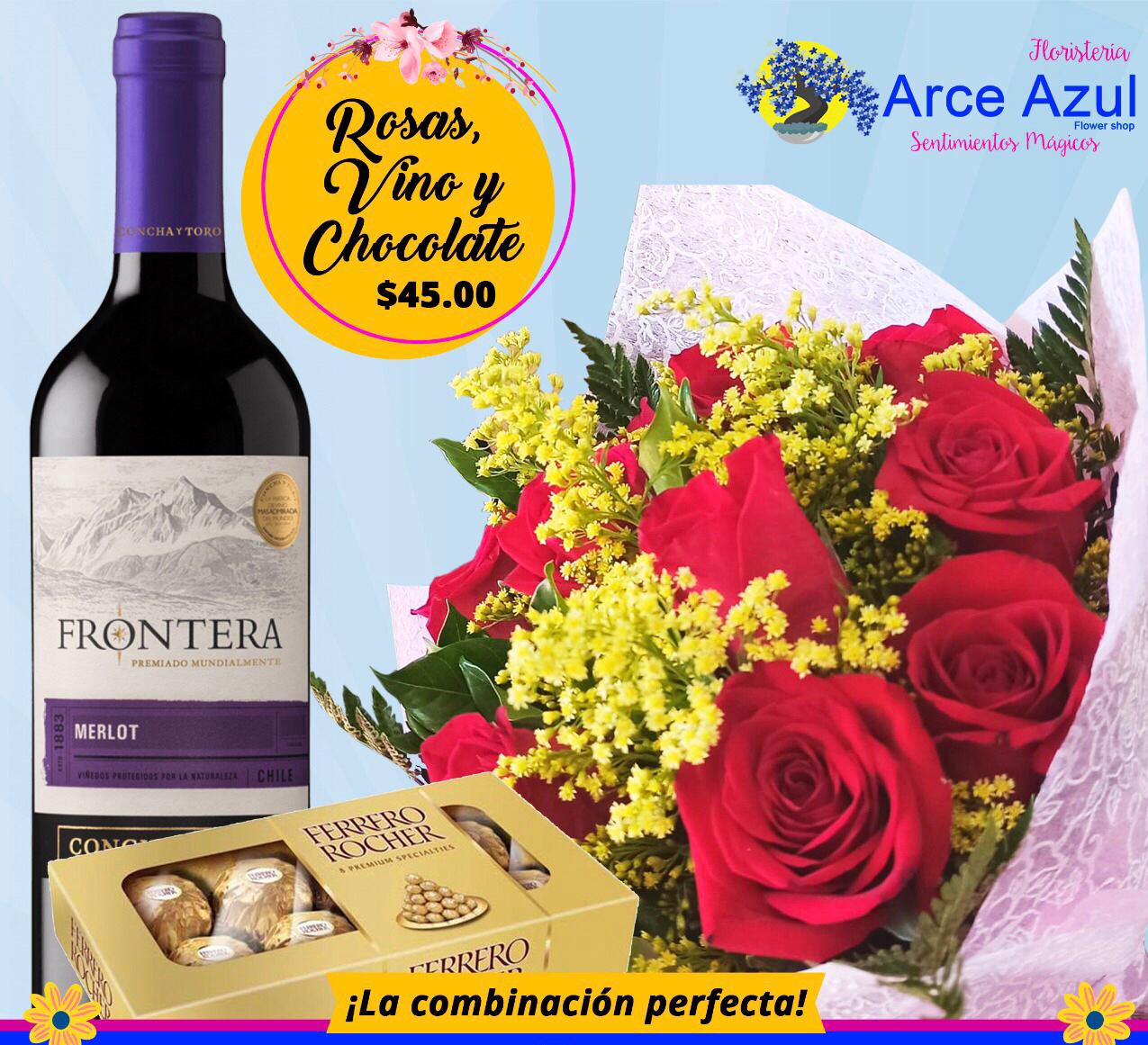 RA-009 Ramo de rosas rojas, chocolate y vino Frontera-Merlot – Arce Azul  Flower Shop