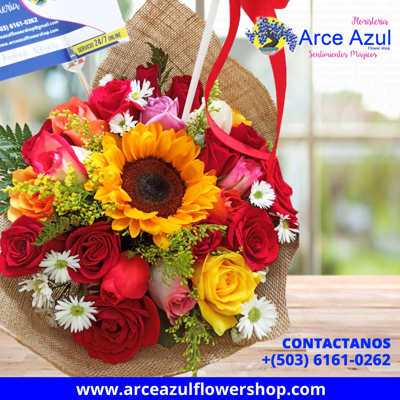 RA-013 Ramo de rosas en colores y girasol – Arce Azul Flower Shop