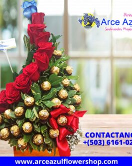AAA-33 Arreglo de rosas rojas, rosa azul y chocolates