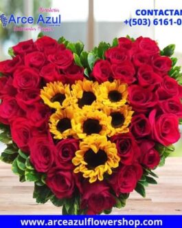 AAA-35 Corazón de rosas rojas y girasoles