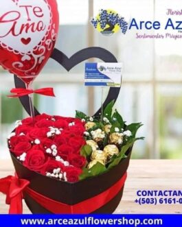 AAA-38 Corazón de rosas rojas, chocolates Ferrero y globo