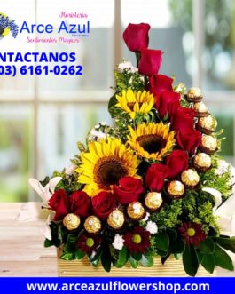 AAA-51 Arreglo de rosas rojas en cascada, girasoles y chocolates Ferrero