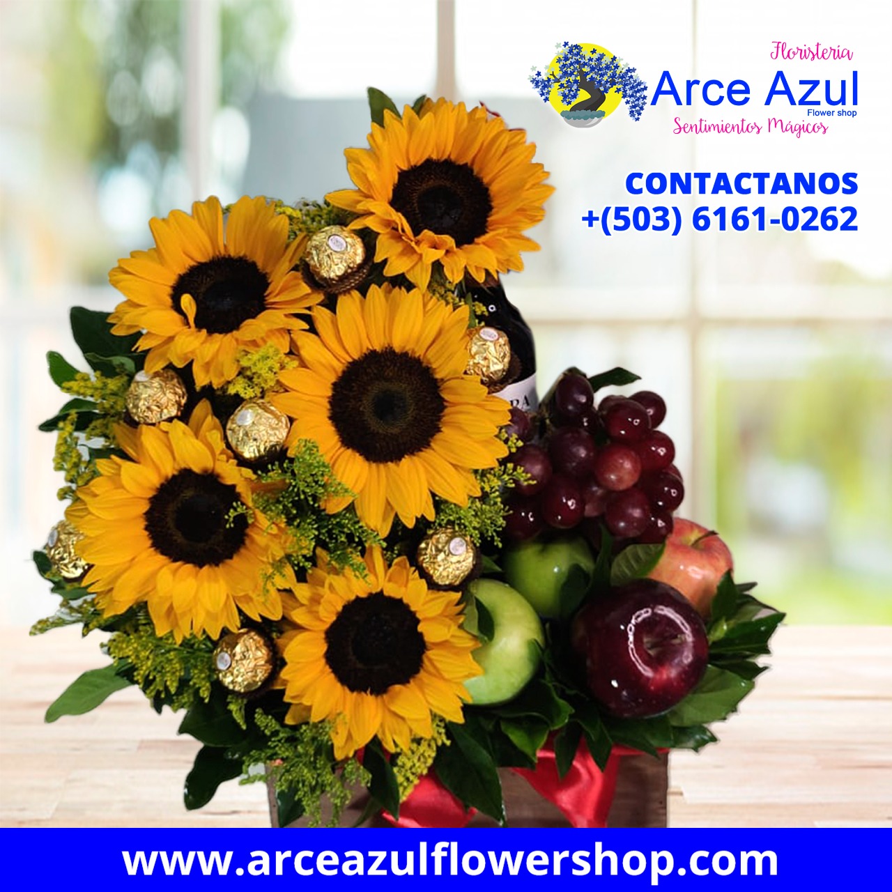 AAA-52 Arreglo frutal de girasoles, chocolate Ferrero y vino – Arce Azul  Flower Shop