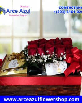 AAA-59 Caja de rosas rojas, chocolate Ferrero y vino