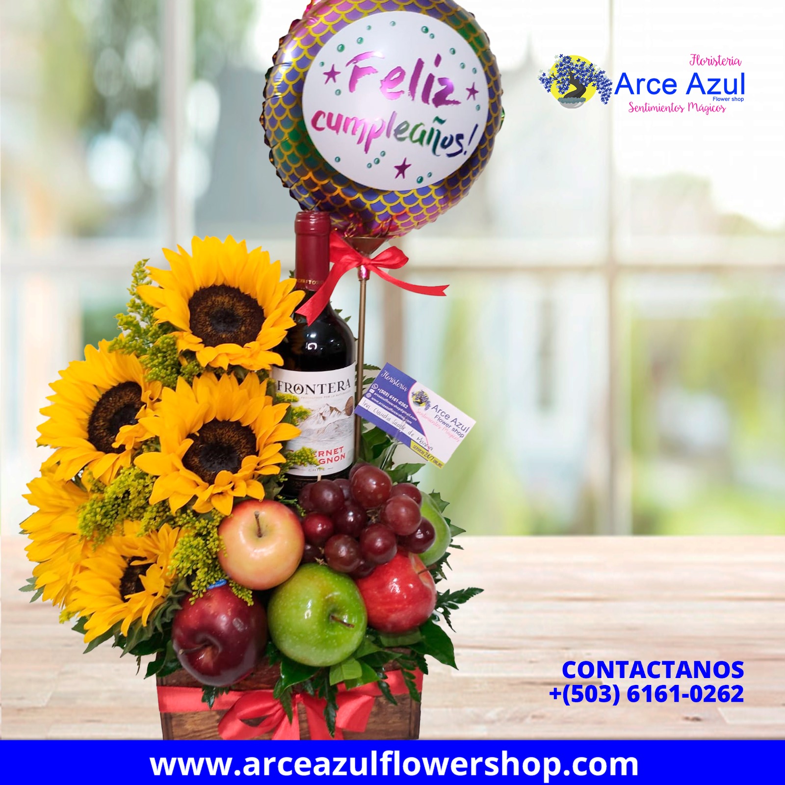 FA-07 Arreglo Frutal con Girasoles, Vino y Globo
